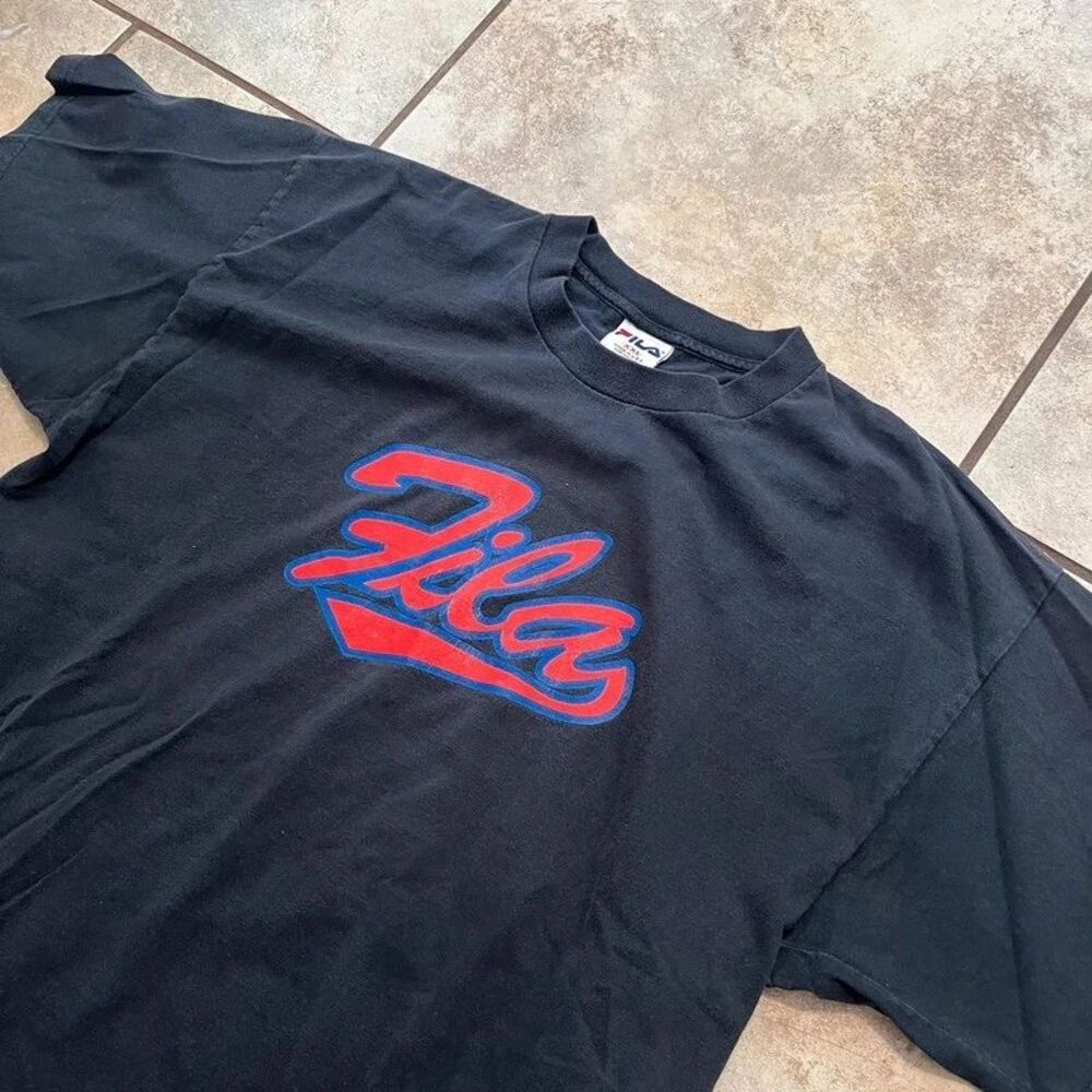 Vintage 90s Fila Big Logo Graphic T-Shirt Made In USA Script Spellout Navy XXL